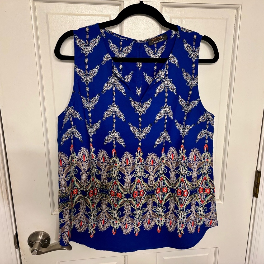 Renee C. Royal Blue Sleeveless Blouse with Ornate Design